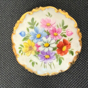 Vtg Rosenthal Marktredwitz Germania Porcelain Brooch Hand Painted Floral Gold